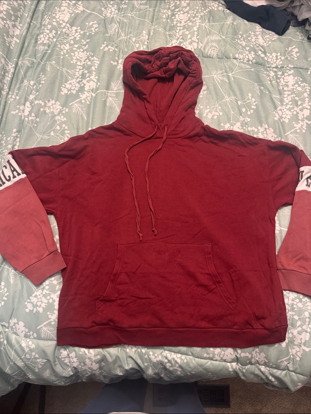 American Eagle Outfitters Red Pullover Hoodie with Contrast Sleeves